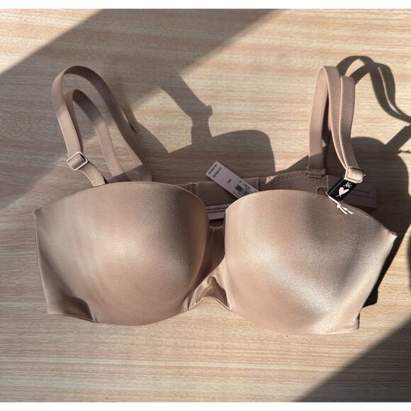 Victoria Secret Lined Strapless Bra 32 D Nude Tan Padded Underwire NWT - Picture 2 of 9